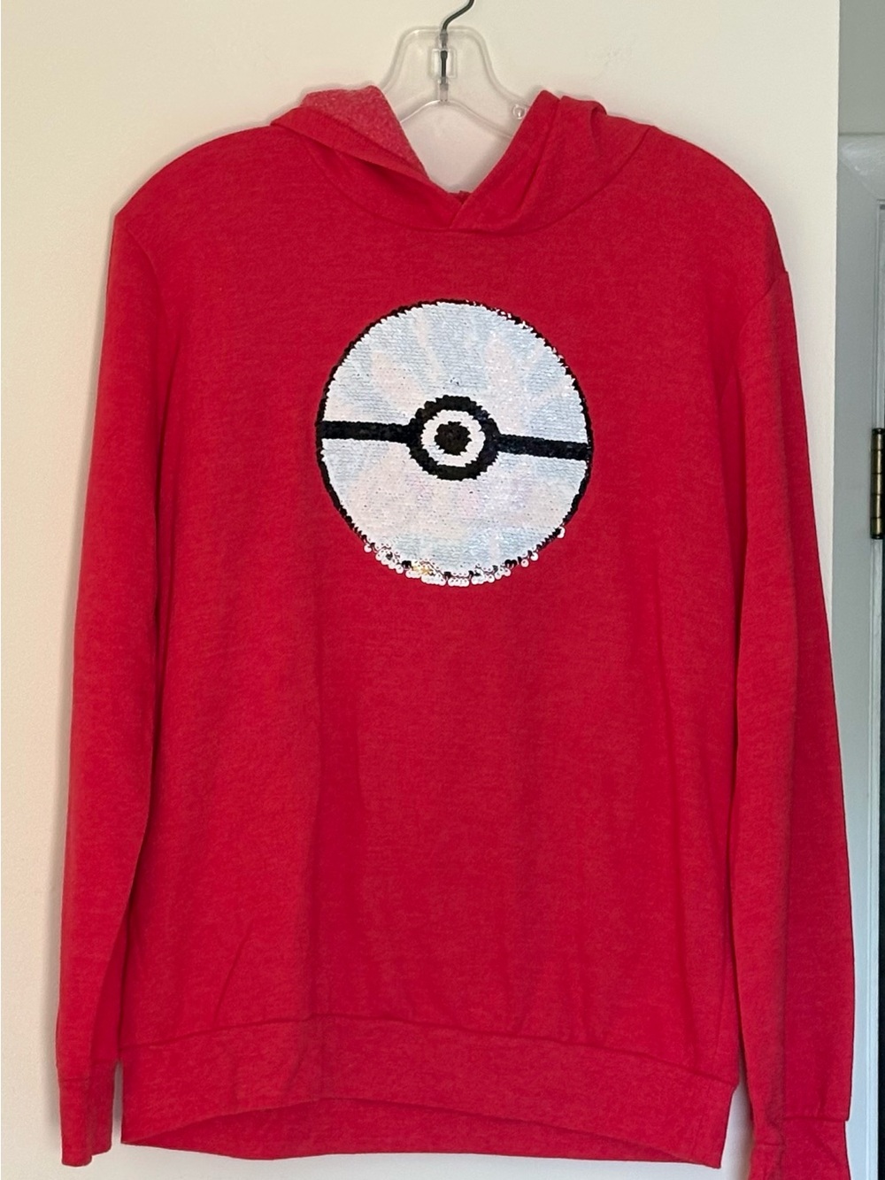 Pokémon Kids Red Pullover Hoodie Pikachu Pokéball Flip Sequin Sweatshirt Large
